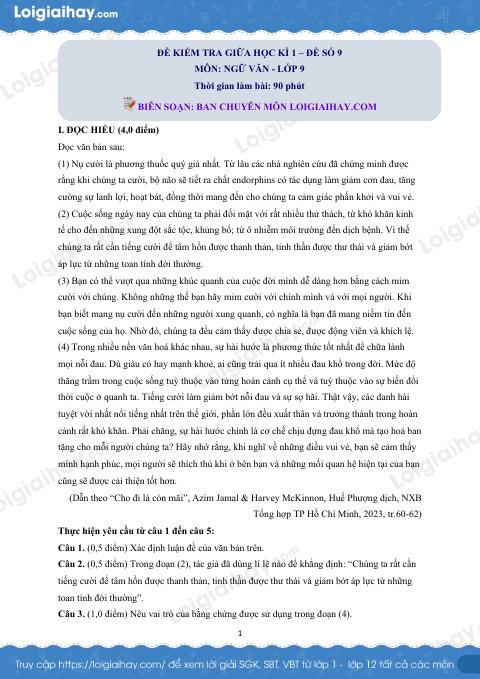 Đề thi giữa kì 1 Văn 9 - Đề số 9